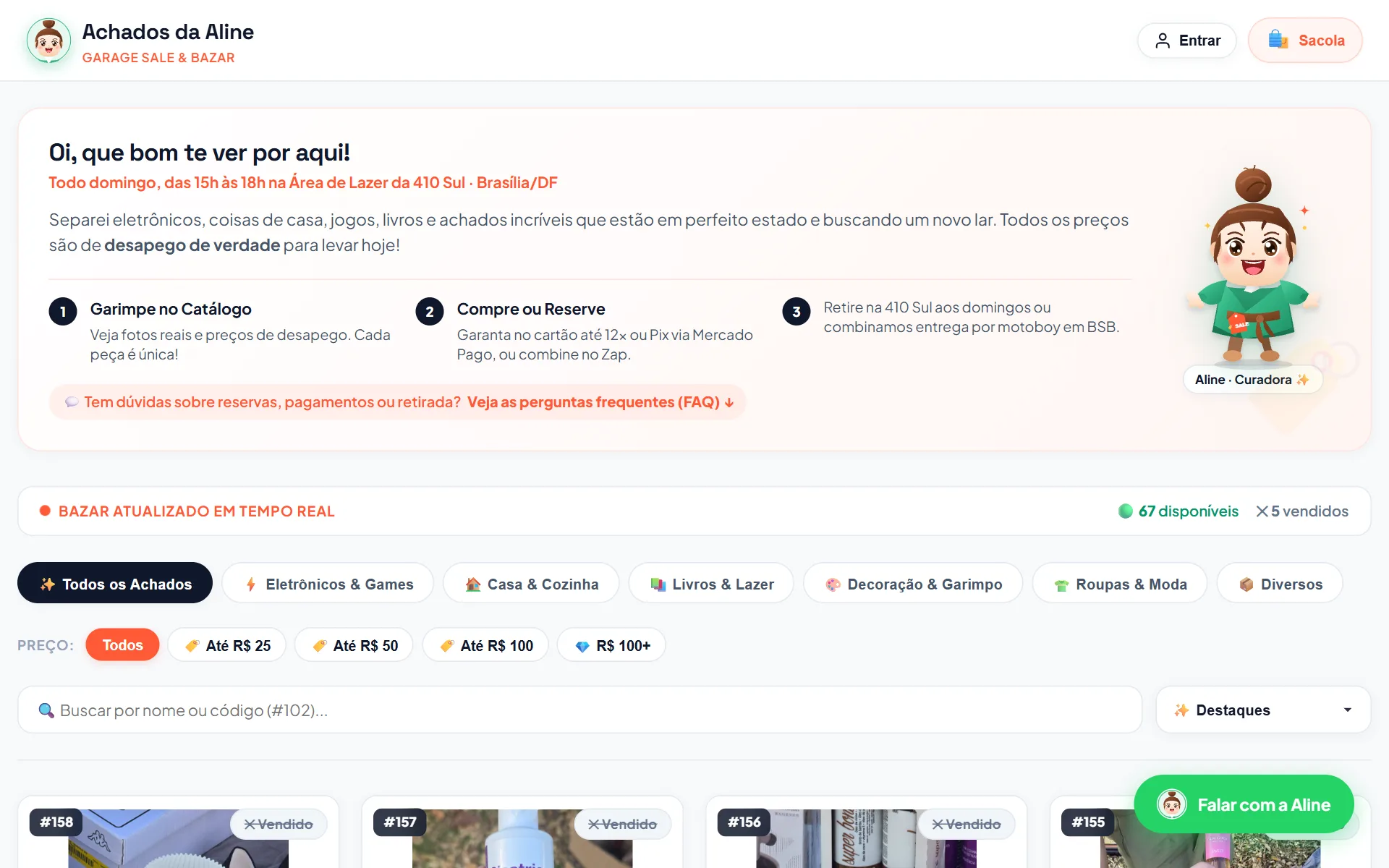 Interface real da plataforma Achados da Aline